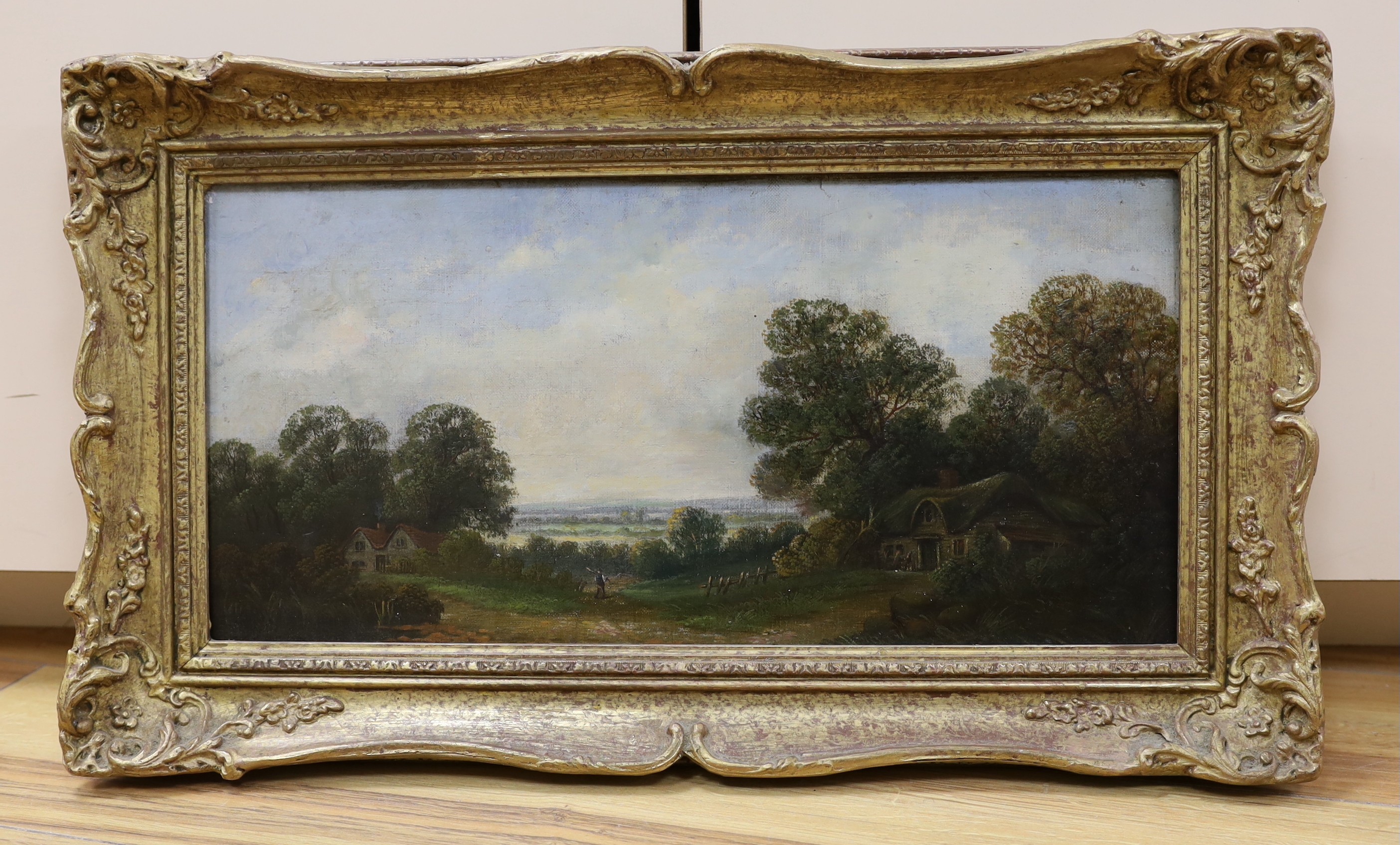 19th century English School, oil on canvas, Thatched cottage in a landscape, 21 x 44cm